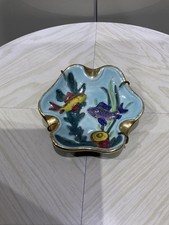 Ashtray Ceramic Beautiful Fish Gold Leaf Edge 11.5cm Vintage 