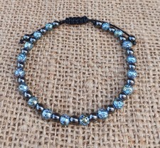 METALLIC BLUE COATED LAVA ROCK & BLACK HEMATITE ADJUSTABLE HANDMADE BRACELET