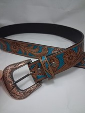 *WESTERN LEATHER BELT* brown Blue Buffalo Leather Tooled Floral Leaf Pattern