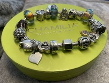 Chamilia Snake Chain Bracelet 19cm 925 Silver + 19 Chamilia Charms Read Descript