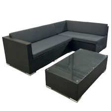 Black Rattan Corner Sofa Set with Dark Grey Cushions & Coffee Table