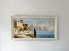Large Landscape Oil Painting On Canvas & Framed Italian Seaside Villa Signed