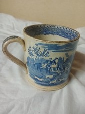 Blue & White Mug Hunting scene Pint c1830 10cm antique rare unstamped English 