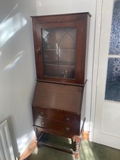 Antique Edwardian Art Deco Bureau Writing Desk Glass Bookcase