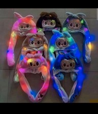 LED LabubuBunny Ear Hat Plush Rabbit Cap with Moving Ears Cute Kawaii Glow Light