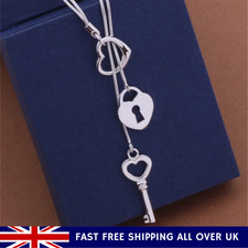 925 Sterling Silver  Elegant Heart, Key & Lock Necklace Eternity 45 cm 18 Inch