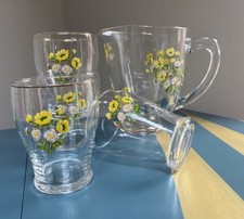 Lemonade Set Jug & 4 Glasses Daisies & Buttercups Flora & Gold Cottagecore Vtg