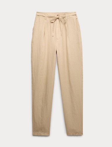 Pure linen pleat front - , belted