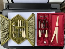 TWO ANTIQUE VELVET VARIOUS SEWING TOOLS SETS ONE SILVER THIMBLE STEEL SCISS ETUI