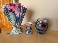 3 x Helen Bull Ceramics Visions Hand Painted fan shaped Vase ginger jar boot