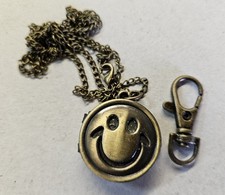 Unisex Bronze Vintage Style Happy Emoji Face Pocket Watch Necklace Keyring