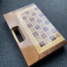 INLAID WOODEN CHESS / CHECKERS  BACKGAMMON FOLDING BOARD