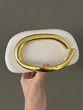 White And Gold Faux Leather Boxy Clutch Bag With Gold Hook Handle Bride Summer