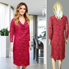 LAURA ASHLEY DRESS SIZE 14 RED LACE SEQUINED COWL NECK KNEE LENGTH GATHERED #11