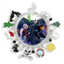 Nightmare Before Christmas Jack & Sally Bangle Charm Bracelet + Free Gift Bag