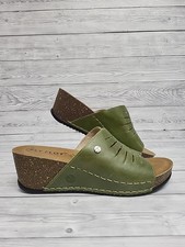 Fly Flot Green Leather Open Toe Mules Wedge Heel.Size 8 New. PD