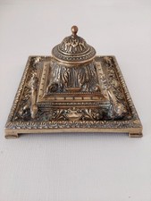 Inkstand Ornate With Pen Rest Brass Highly Decorated 13.5cm X 13.5cm