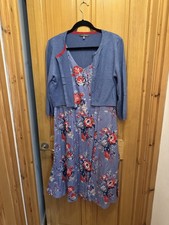 Laura Ashley Dress UK 16 Blue Red Floral Pockets  Linen Cotton  With Cardigan