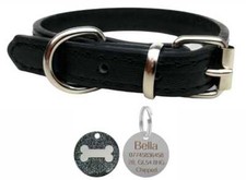 Vibrant Leather Dog Collar for Puppy, Dogs & Personalised Glitter Bone Pet Tag