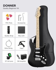 Donner DST-80 Beginner Electric Guitar Set Solid Body SSS Pickups + Amp Black