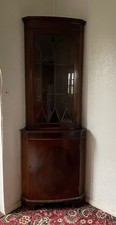 Vintage Bow Fronted CORNER DISPLAY UNIT Glass Door Shelves Cupboard walnut