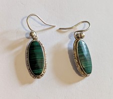 Vintage Sterling Silver Banded Green Malachite Drop Earrings, Hooked, Boxed