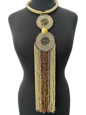 African Handmade Beaded Necklace – Beige Maasai Long Fringe Pendant Jewellery