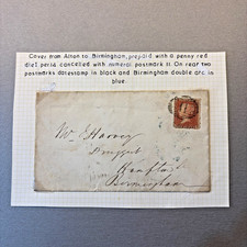 GB QV 1857 Postal History Cover 1d One Penny Red Stars Perf 14 to BIRMINGHAM