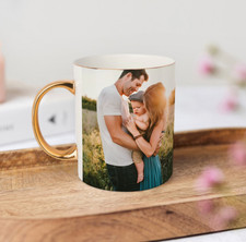 Personalised Photo Bone China Mug, Gold Handle and Rim, Custom Coffee Tea