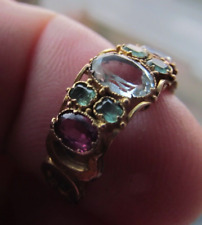 Antique Amethyst, Emerald & Aquamarine 15ct gold ring.  Size  P1/2    2.9g.