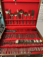 Vintage Midcentury Brass Bamboo Style 72 piece Cutlery Set Canteen in case