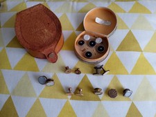 VINTAGE STUD CUFFLINK BOX REAL PIGSKIN MADE IN ENGLAND TAN LEATHER PLUS CONTENTS