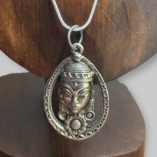 Vintage Large Buddha Pendant Necklace Silver Tone Long Necklace Gift