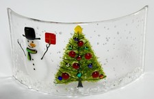 Snowman & Christmas Tree Fused Curved Glass Decoration