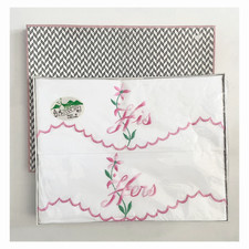 Pair of 70s VTG Irish embroidered His and Hers wedding pillow covers.