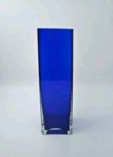 Cobalt Blue Squared Glass Vase With A Clear Cased Base, 20cm Tall