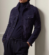 Mens Navy Blue Leather Trucker