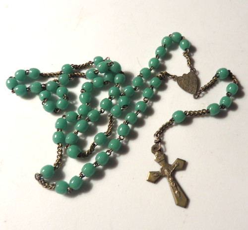 Old small french rosary green - french,
