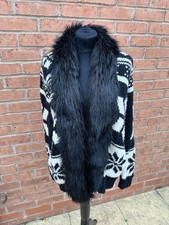 TOPSHOP LADIES CARDIGAN WITH FAUX FUR TRIM - UK12 CREAM/BLACK MIX