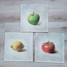 3 x Still Life Original Paintings Canvas Tomato Apple Lemon Kitchen Decor