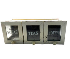 Vintage Shabby Chic Farmhouse White Wood Counter Top Canister: Sugar Coffee Tea