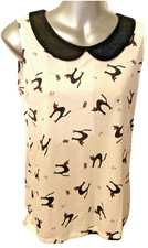 Ladies Size M UK 10 Lulu Guinness Black & White cat motif Top Peter Pan Collar