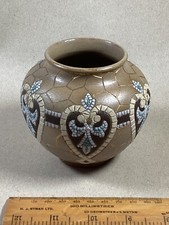 ANTIQUE  DOULTON LAMBETH  SILICON WARE Small Vase BROWN,BLUE,GOLD MOSAIC. C1890