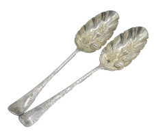 George I Pair of Sterling Silver Berry Pattern Dessert Spoons Antique 1722