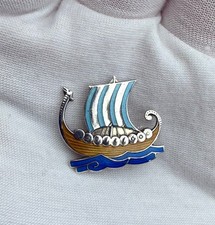 Vintage Norwegian Brooch Viking Ship Boat Enamel Andresen & Scheinpflug