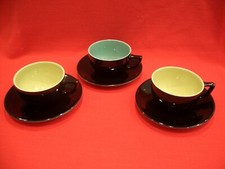 3 1950s LORD NELSON WARE ELIJAH COTTON BLACK + JEWEL COLOUR  TEA CUP & SAUCER