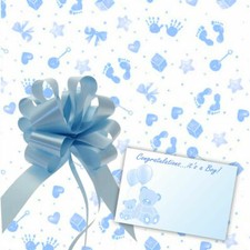 Blue Baby Boy Cellophane Gift Wrap Baby Shower Hamper, Pull Bow Ribbon and Card