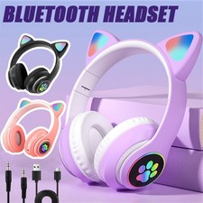 Boys Girls Headphones Wireless Bluetooth Headset LED Lights Cat Ear Earphone