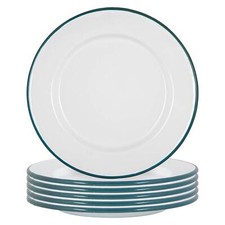 6x White Enamel Dinner Plates Steel Outdoor Camping Dinnerware 25.5cm Green