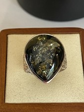 Sterling Silver Pear Cut Green Amber Ring Size S